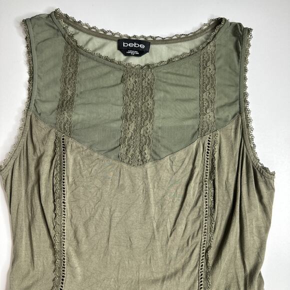 Bebe Olive Green Lace Mesh Peplum Tank M Fairy Grunge Goth Romantic Y2K Camisole - Picture 6 of 11